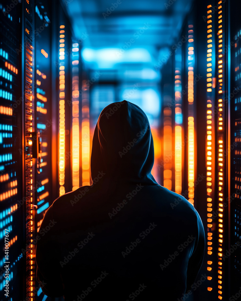 Aufkleber silhouette of hacker in data center, surrounded by glowing server lights, creates mysterious and ten