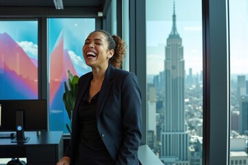 Fototapeta premium African American Woman with Dark Skin in Black Blazer in High-Rise Office with City Skyline View, Professional Businesswoman