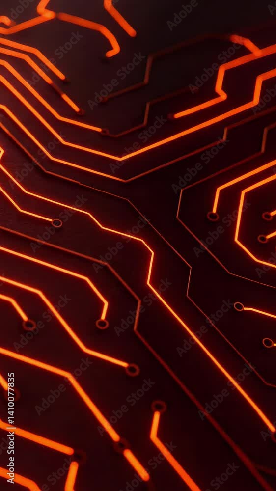 Poster neon circuit patterns illuminated in red and orange hues showcasing intricate designs and glowing co