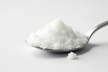 Spoonful of white sugar against white backdrop, delicious, table sugar, crystalline