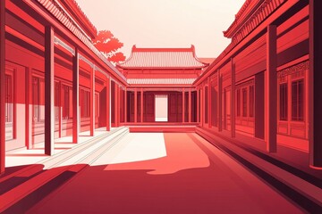 Obraz premium Serene Courtyard Scene in Traditional Architecture with Red Hues