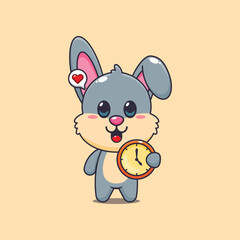 Cute rabbit cartoon vector illustration with clock