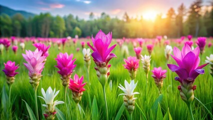 Fototapeta premium Colorful Siam tulip flowers blooming in a lush green meadow with tall grasses and wildflowers , green field, nature