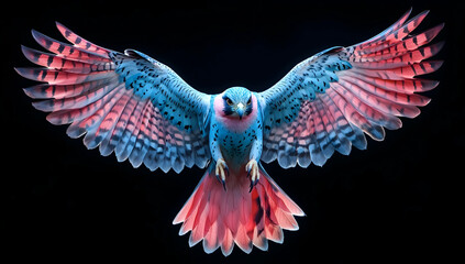 Fototapeta premium A colorful blue and pink falcon with spread wings, flying in the air against a black background.