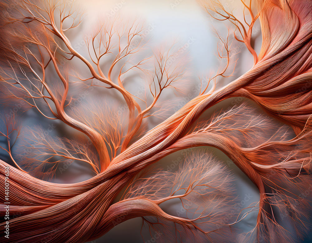 Poster Abstract depiction of intertwined tree branches with a textured, artistic design in warm tones