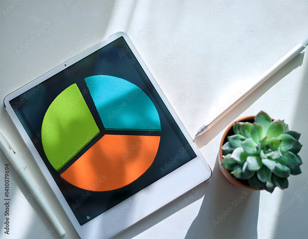 Leinwandbilder a tablet displaying a colorful pie chart beside a potted succulent on a bright surface