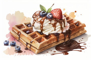 Delicious waffle topped with whipped cream, chocolate syrup, and berries, in a watercolor style