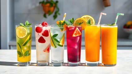 Refreshing Assortment of Colorful Summer Drinks on Stone Countertop