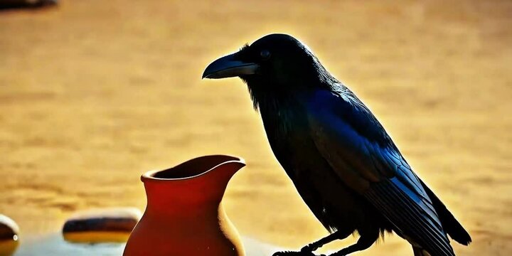 Raven or crow drinking water from clay pot out in the sun story concept, a thirsty crow drinking water from pot in hot sunny day in desert generative AI