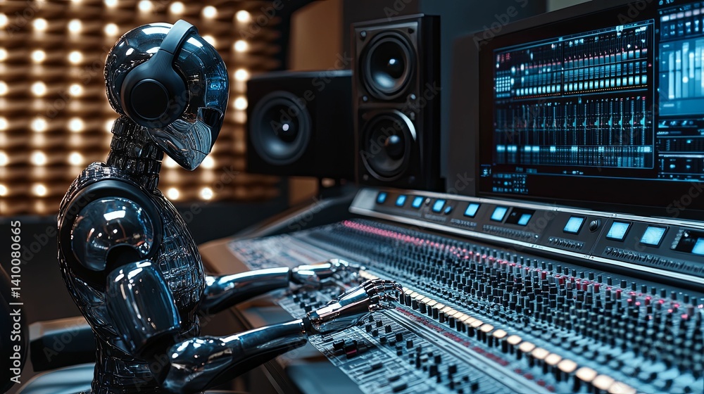 Poster A metallic robot engineer working on a professional audio mixing console.