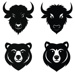 Black Silhouettes of Bull and Bear Heads: Four stylized black silhouettes of a Bull and a Bear head, facing forward, perfect for use as vector graphics, logos, illustrations, or patterns.