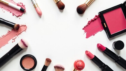 Various makeup items arranged on a stark white surface, makeup, assortment, image