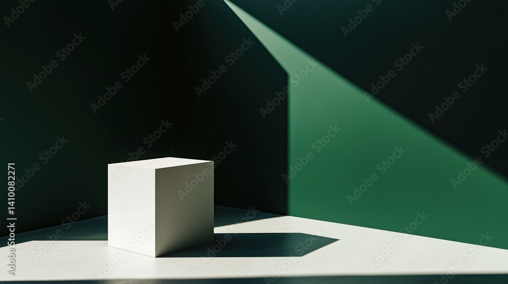 Poster white cube placed in a corner with green and white background, casting a distinct shadow. modern min