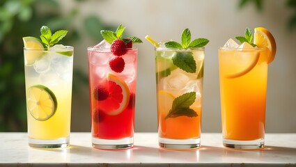 Refreshing Assortment of Colorful Summer Drinks on Stone Countertop