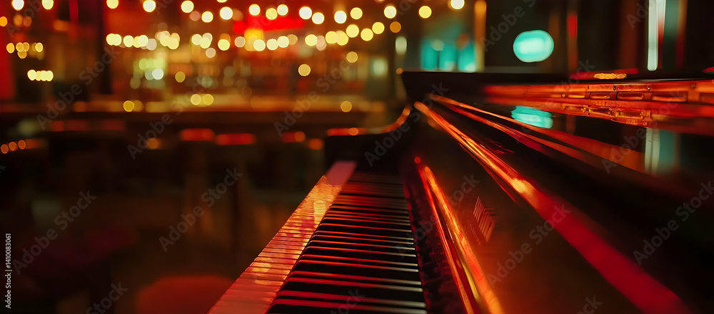 Poster blurred bokeh background with piano keys and lights. close-up view of blurred bokeh effect on a musi