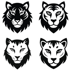 Feline Heads: Graphic collection of various cat faces in monochrome, offering a versatile visual for design and branding.