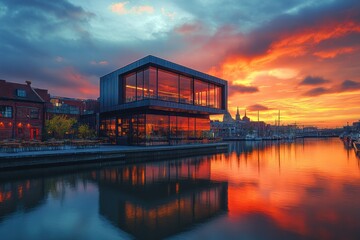 Fototapeta premium Modern cafe by the canal at sunrise
