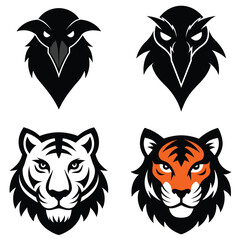 Wild Emblem: A set of striking monochrome and color illustrations, featuring the powerful and symbolic faces of the raven, owl, and tiger. A showcase of untamed beauty and majestic presence. 