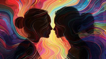 An artistic representation of two individuals embracing, with a background of colorful, swirling lines and symbols representing LGBTQ+ pride and equality