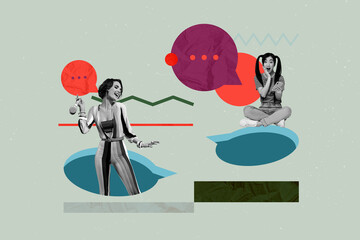 Composite trendy magazine photo collage of two happy girl hold phone bubble communication speech...