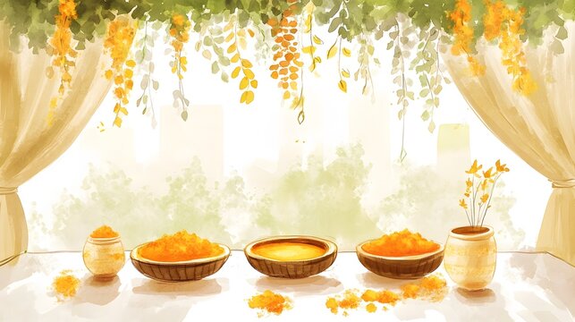 hand-sketched Indian haldi ceremony setup, yellow blooms, bowls of turmeric, cozy boho seating, watercolor style,