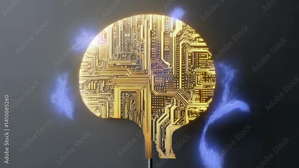 Poster golden circuit brain: an intricately designed golden circuit board shaped like a brain, symbolizing 