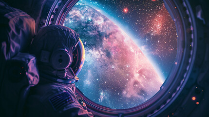 An astronaut gazing out from a spaceship's window at the stunning view of a distant galaxy and the Milky Way in the background