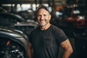 Obraz premium Middle Aged Caucasian car mechanic in a car mechanic shop smiling portrait