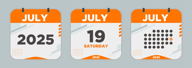 Modern Calendar icon. July. 2025 19 day. The concept of waiting for an important date. Day calendar with date July 19. Cheklist day calendar. Vector illustration.