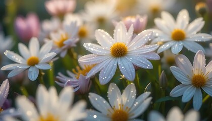 Obraz premium Sparkling Daisies: Field of White and Yellow Blooms in Soft Sunlight.