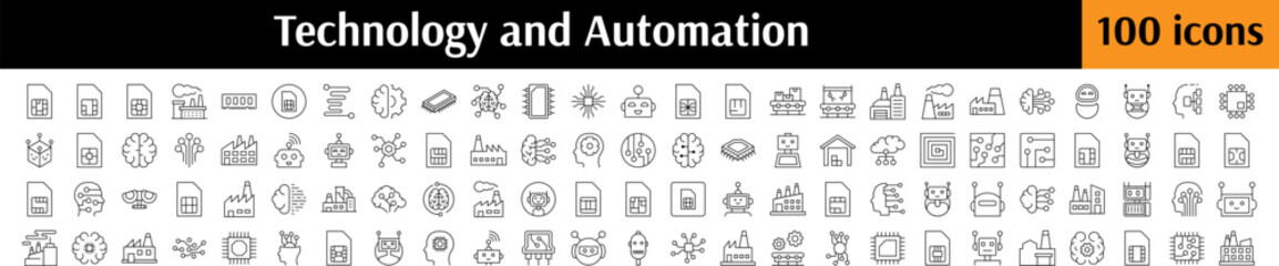 Bundle of Technology Related Line Icons. Chip, Robot, Factory, Artificial Intelligence Outline Signs for Graphic and Web Design, Apps, Adverts, Various Cards