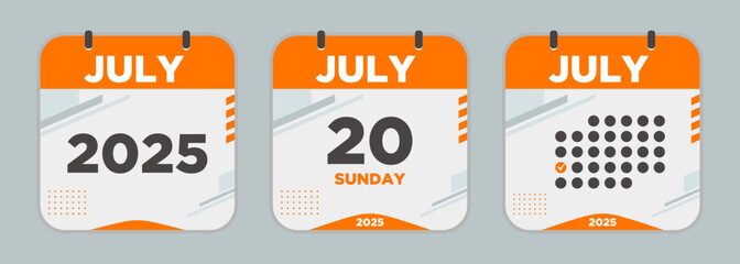 Modern Calendar icon. July. 2025 20 day. The concept of waiting for an important date. Day calendar with date July 20. Cheklist day calendar. Vector illustration.