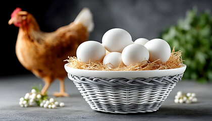 Fresh white eggs in a wicker basket, with a hen in the background