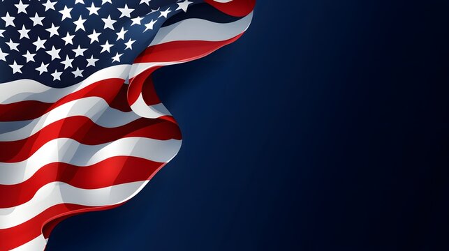 American flag draped against a dark blue background with copy space, patriotic and elegant.