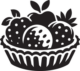 Silhouette vector of a delicious fruit tart with various fruits on top. Ideal for bakery menus, dessert designs, and culinary branding projects.