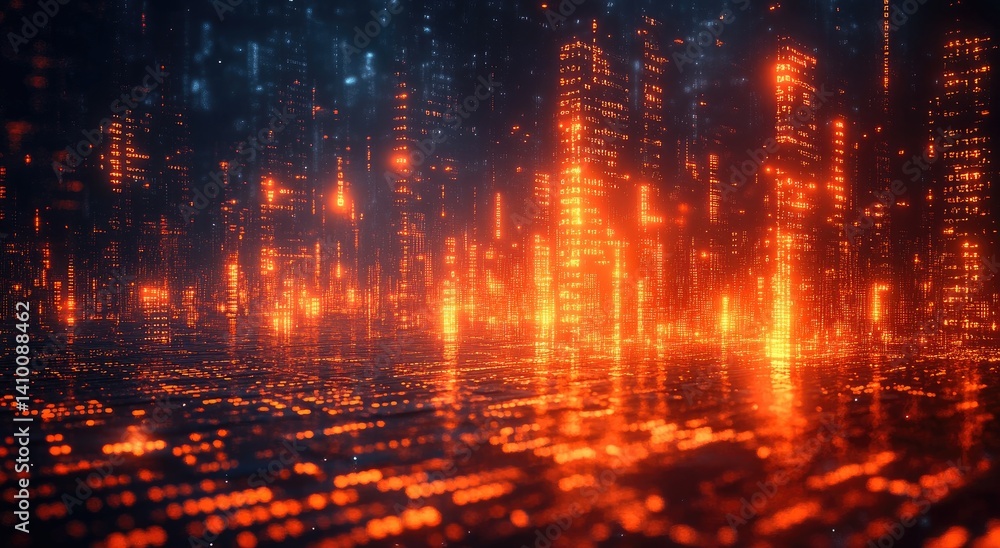 Poster dynamic orange and blue particles flowing down abstract digital background with reflective surface l