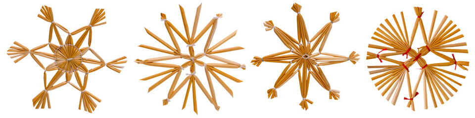 Straw Star Decoration isolated on white background. Set different straw snowflakes for Christmas tree decoration