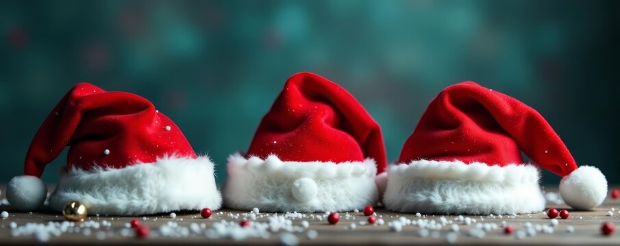 Three stylized Santa hats with jingle bell accents, Santa Claus, jingle bells, festive