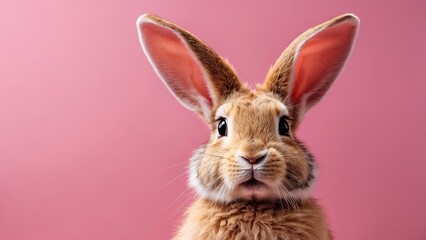 Obraz premium A white rabbit with large ears and wide, expressive eyes is pictured against a pink background.