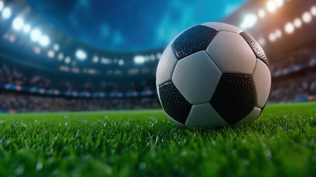 Football rests on vibrant green grass in a packed stadium, capturing the anticipation of an exciting match about to begin