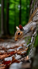 Eastern Gray Squirrel Exploring Lush Forest Trail Wildlife Photography Natural Habitat Close-Up Perspective