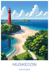 Muskegon Michigan United states Travel Poster Illustration Print Decor Gift Canvas Wall Art Gift