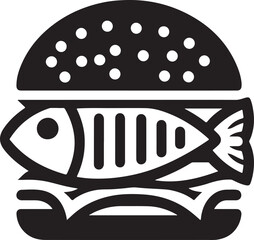 Silhouette vector of a fish burger with layered buns, fillet, and toppings. Great for seafood menus, fast food branding, and culinary design elements.