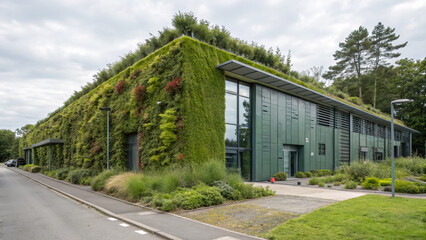 Obraz premium Eco friendly data center covered in moss and greenery, sustainable architecture and nature integration