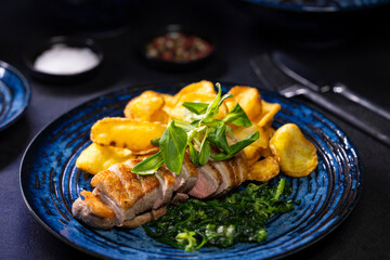 roasted duck breast with spinach and potato chips