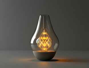 3D render of a light bulb on a grey background, glowing golden inside the glass, simple design, high resolution