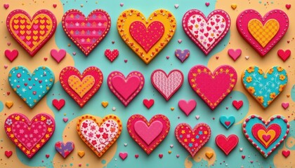 Fototapeta premium Funky Retro Heart Designs: Create a lively composition using retro style heart shapes with bold patterns and bright colors against a playful backdrop.