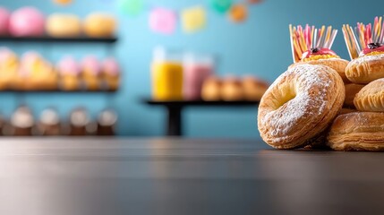 A delightful assortment of freshly baked pastries sits on a dark wood table in a vibrant bakery setting with colorful decorations and other sweet treats in the background.