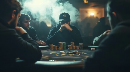 Poker Game in Smoky Room Players Around the Table Gambling Concept