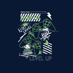 Game On Level Up joystick gamepad grunge splatter vector illustration graphic tee